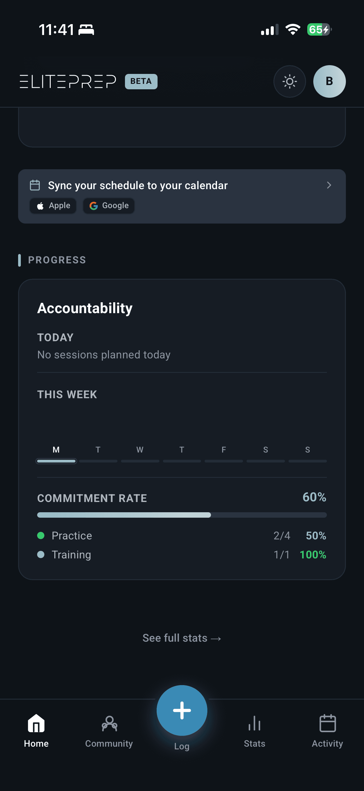 Accountability card showing weekly commitment rate, day-by-day commitments, and Practice/Training follow-through