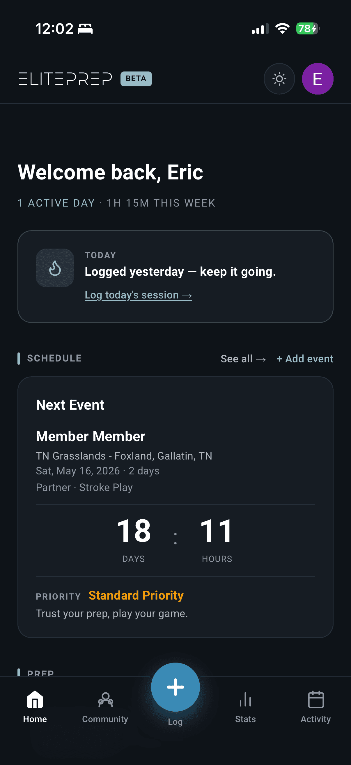 Elite Prep dashboard showing the next event countdown, forecast, and readiness score