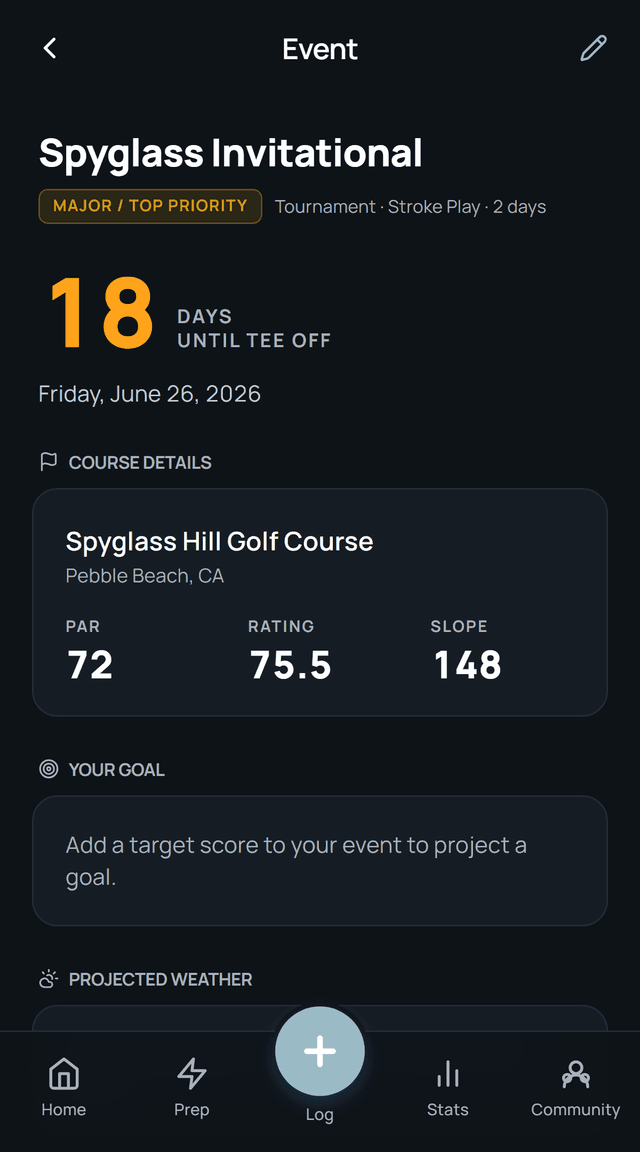 Event screen with a large countdown until tee off and course details